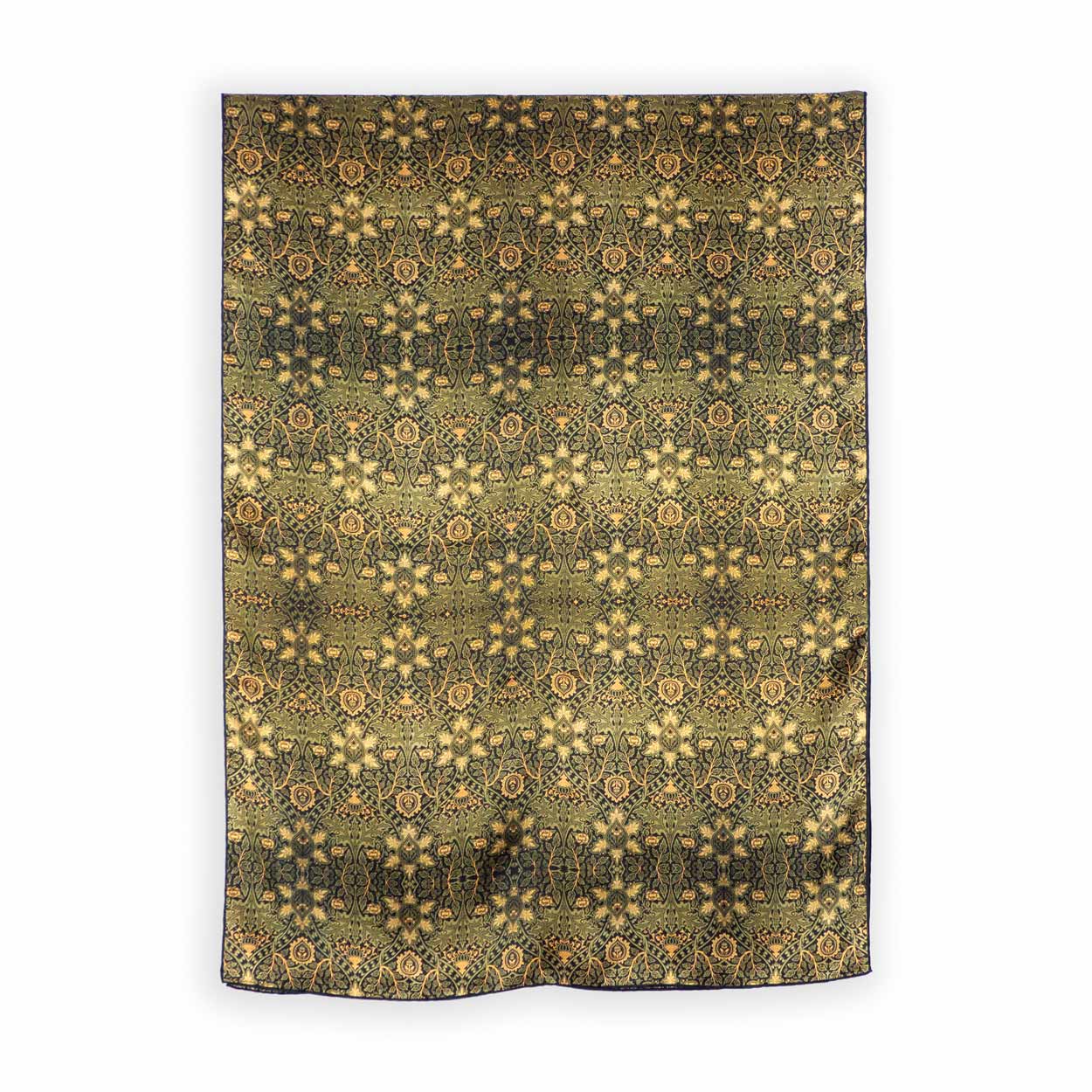 Large silk scarf with olive green print inspired by Art deco tiles