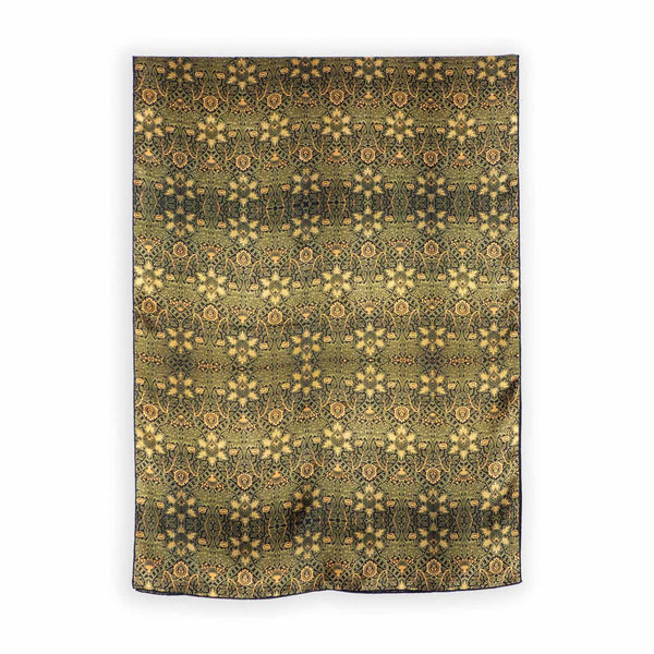 Large silk scarf with olive green print inspired by Art deco tiles