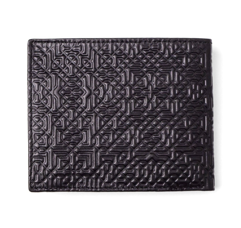Embossed black leather wallet with geometric pattern inspired by islamic art