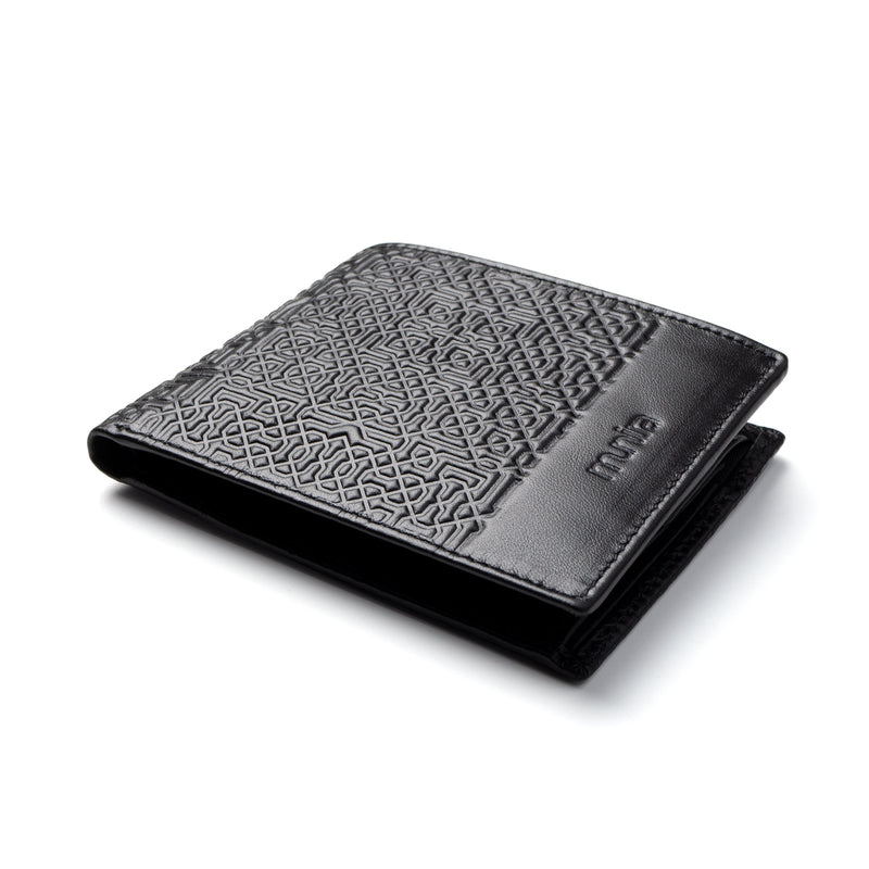 Black leather wallet embossed with moorish tiles print
