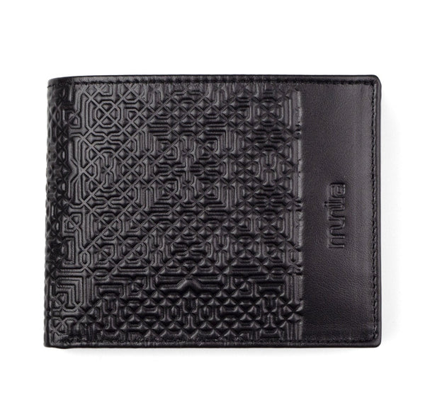 Black bifold leather wallet embossed with moroccan tiles pattern