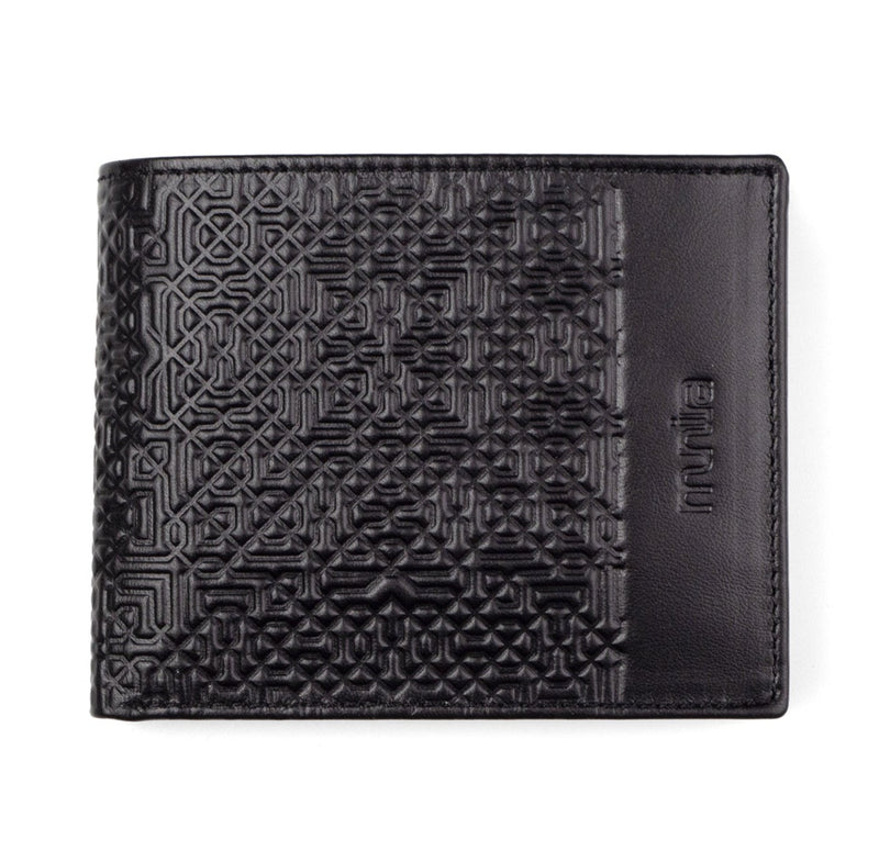 Black bifold leather wallet embossed with moroccan tiles pattern