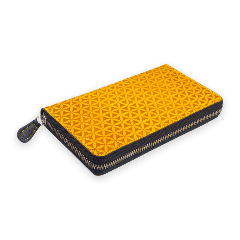 Yellow zippered wallet with flower of life engraved pattern