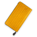 Large yellow leather wallet with embossed pattern featuring flower of life
