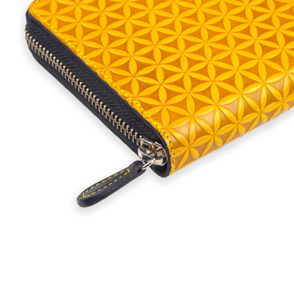 Detail of zippered wallet with flower of life embossed pattern