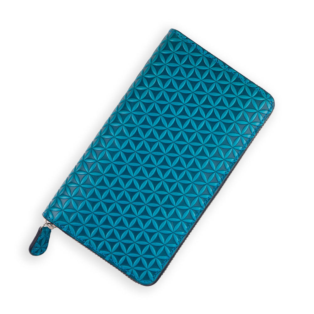 Blue leather wallet embossed with zipper