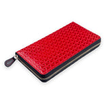 Large red leather wallet featuring and flower of life embossed pattern