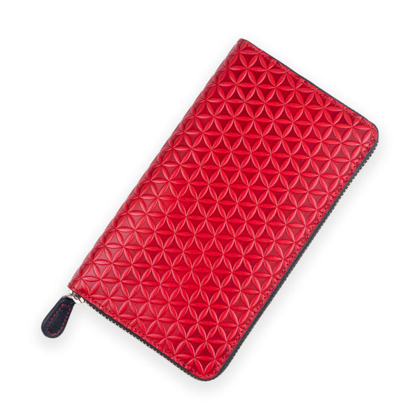 Red leather wallet with flower of life embossed