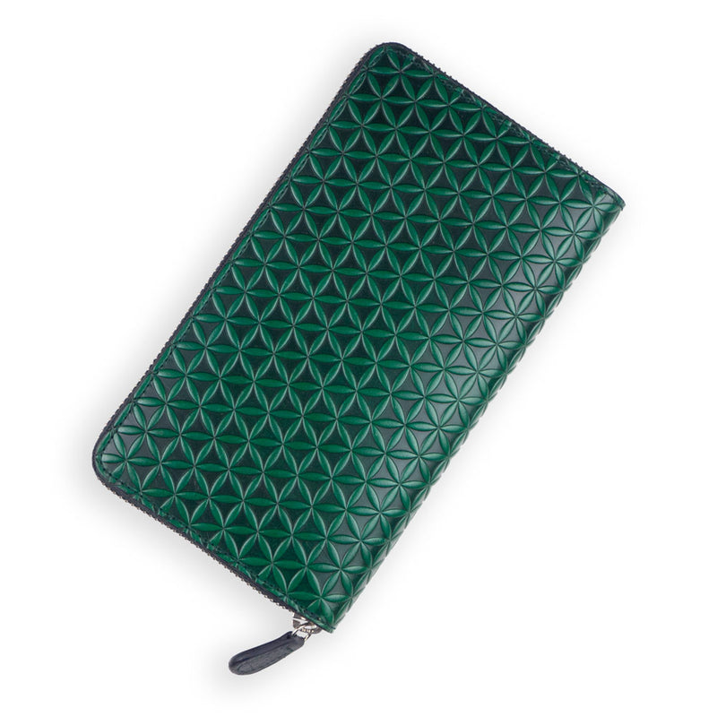 Large green leather wallet embossed with flower of life pattern
