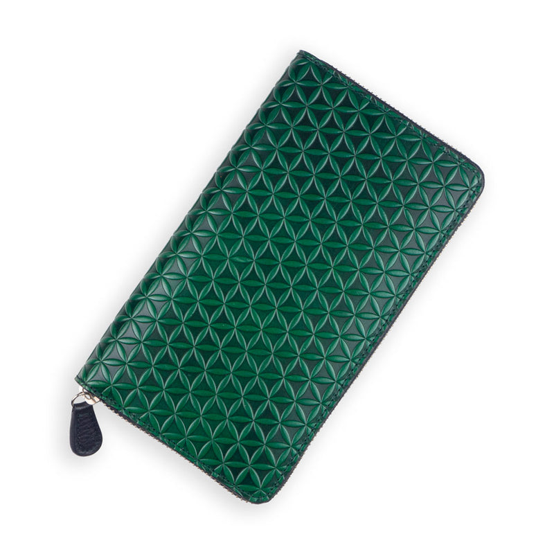Large green zippered leather wallet with embossed flower of life pattern