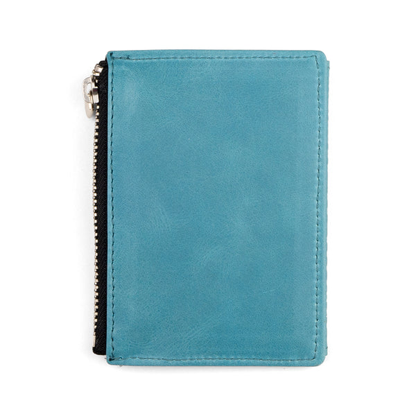Back side of blue slim leather wallet