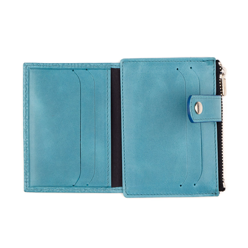 Blue Slim leather wallet with zipper pocket for coins