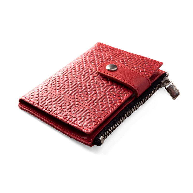 Embossed slim leather wallet inspired by islamic art and zippered coin pocket