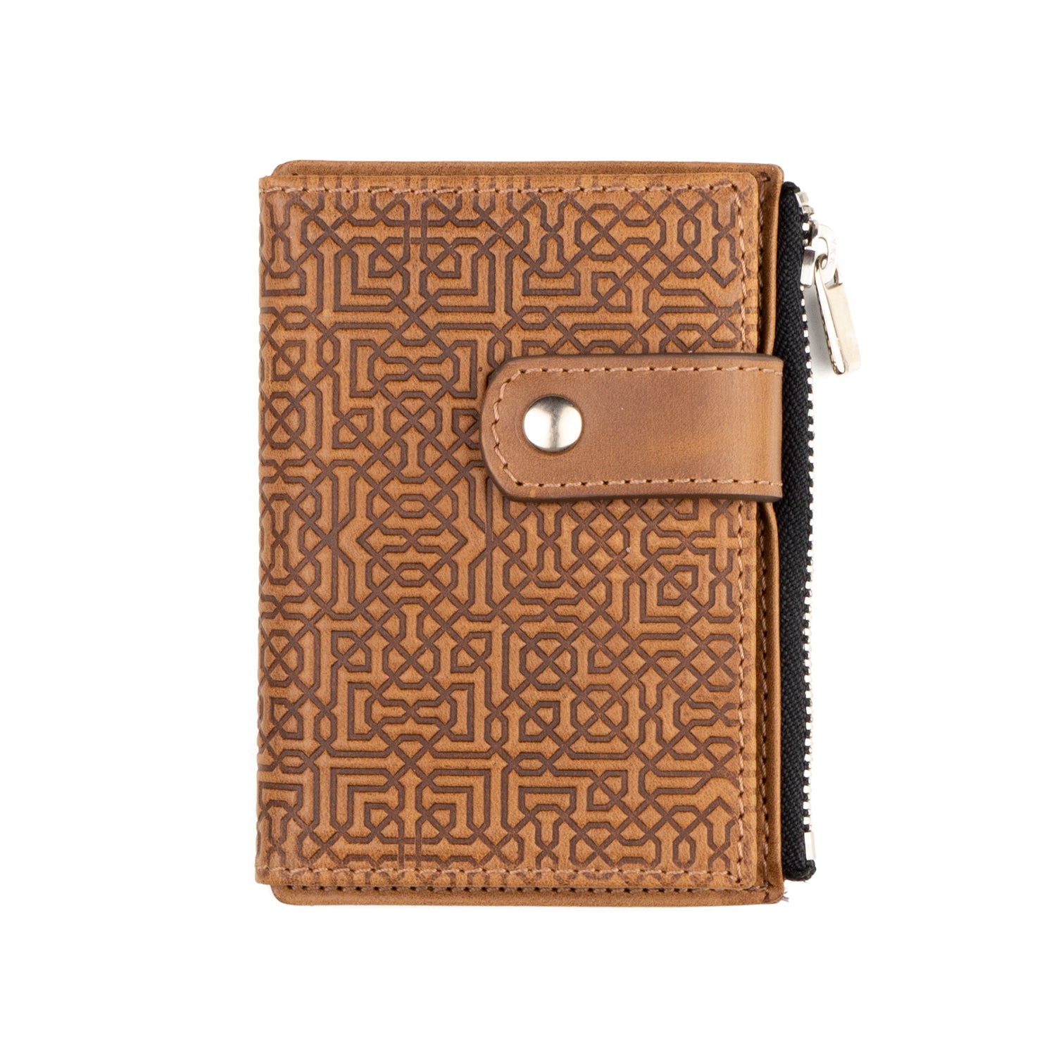 Slim wallet with zippered coin pocket embossed with islamic art pattern