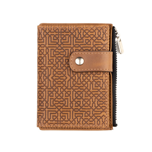 Slim wallet with zippered coin pocket embossed with islamic art pattern