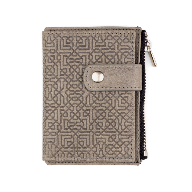 Gray slim leather wallet embossed with islamic geometry pattern