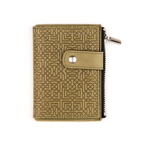 Olive green slim leather wallet embossed with islamic art pattern
