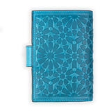 Islamic art embossed blue leather wallet for women's