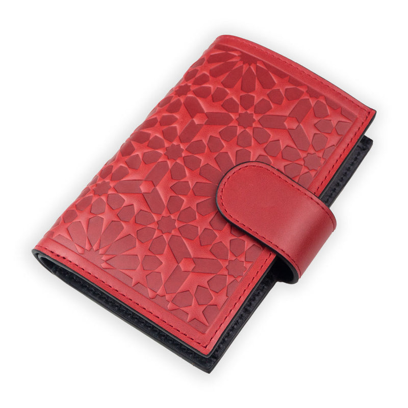Red leather wallet for women's embossed with islamic art pattern