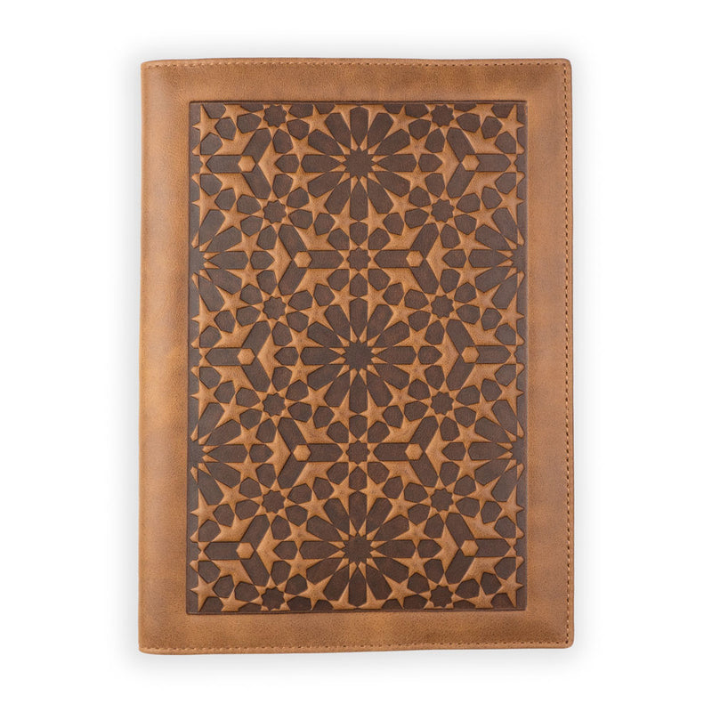 Brown leather cover for notebook inspired by Islamic art