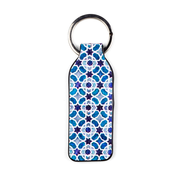 Blue and white leather keyring inspired by Islamic art
