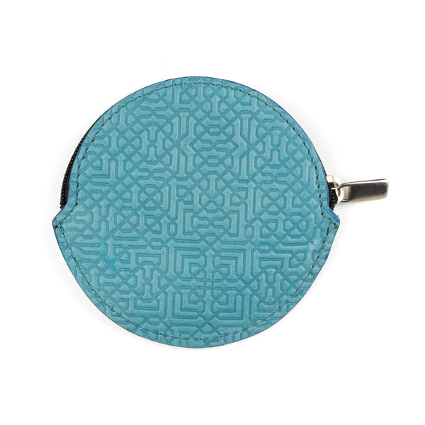 Blue leather coin purse inspired by Islamic geometry pattern