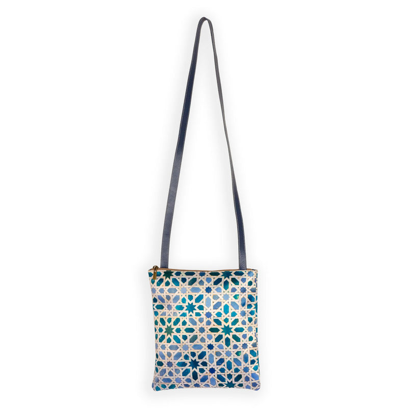 Islamic art inspired blu and white crossbody leather bag
