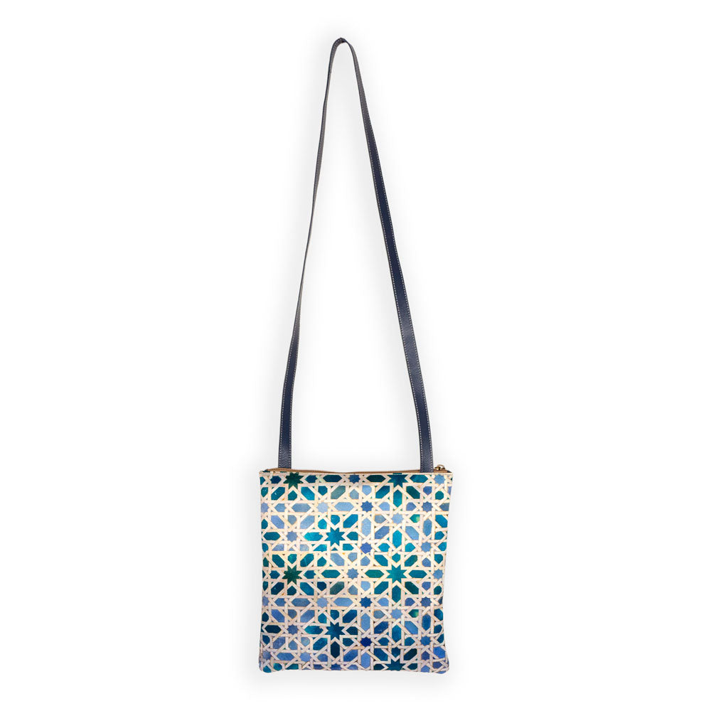 Blue and white fabric and leather crossbody bag inspired by Islamic art