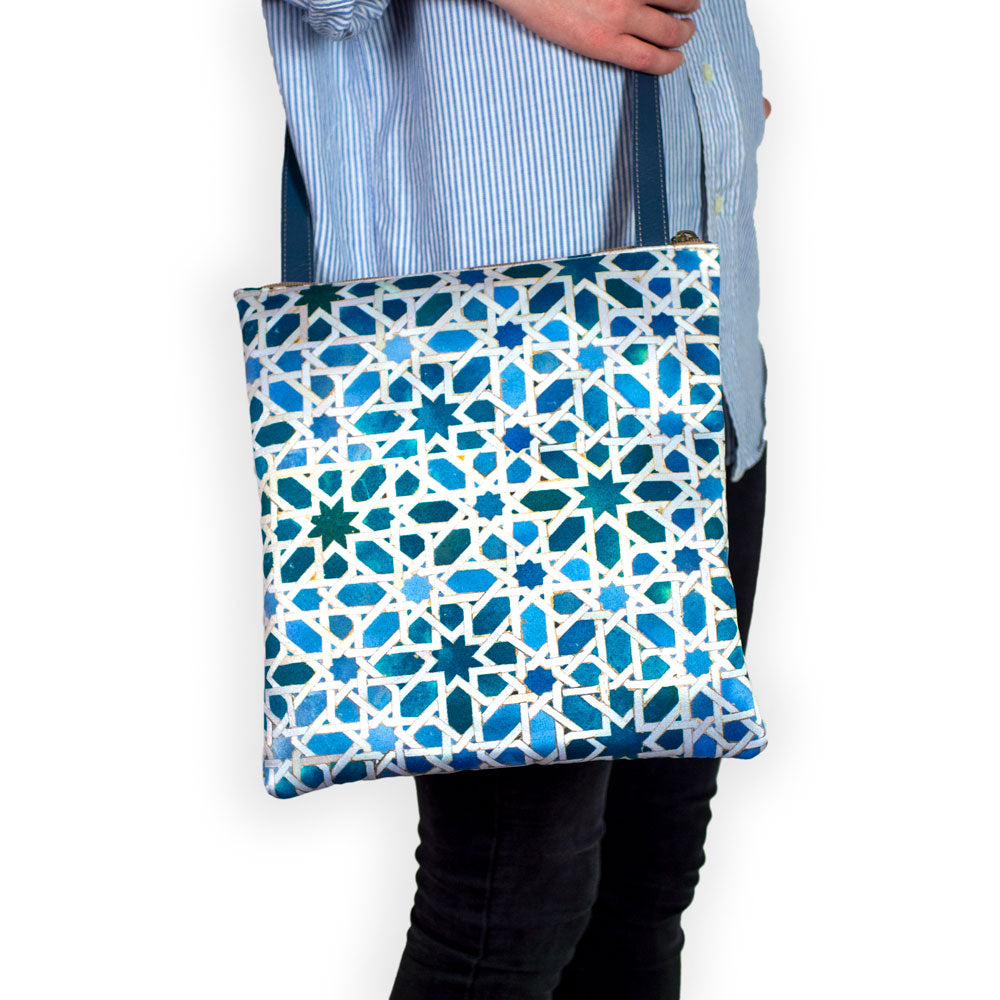 Crossbody leather bag for women with islamic art blue print