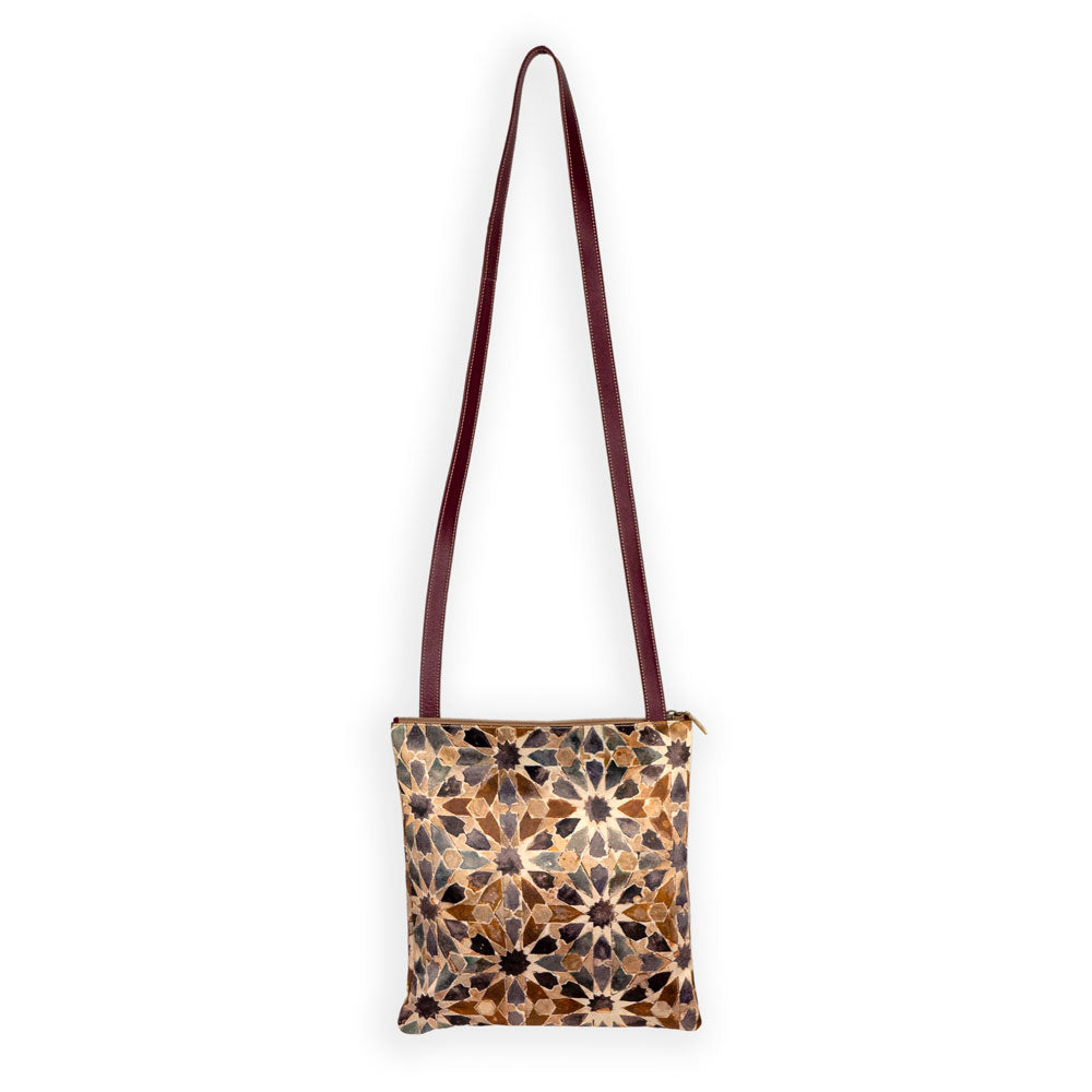 Islamic tiles inspired crossbody brown leather bag