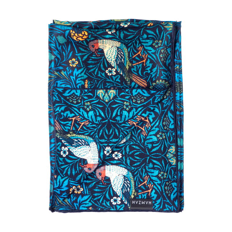 Blue silk scarf with birds and flowers