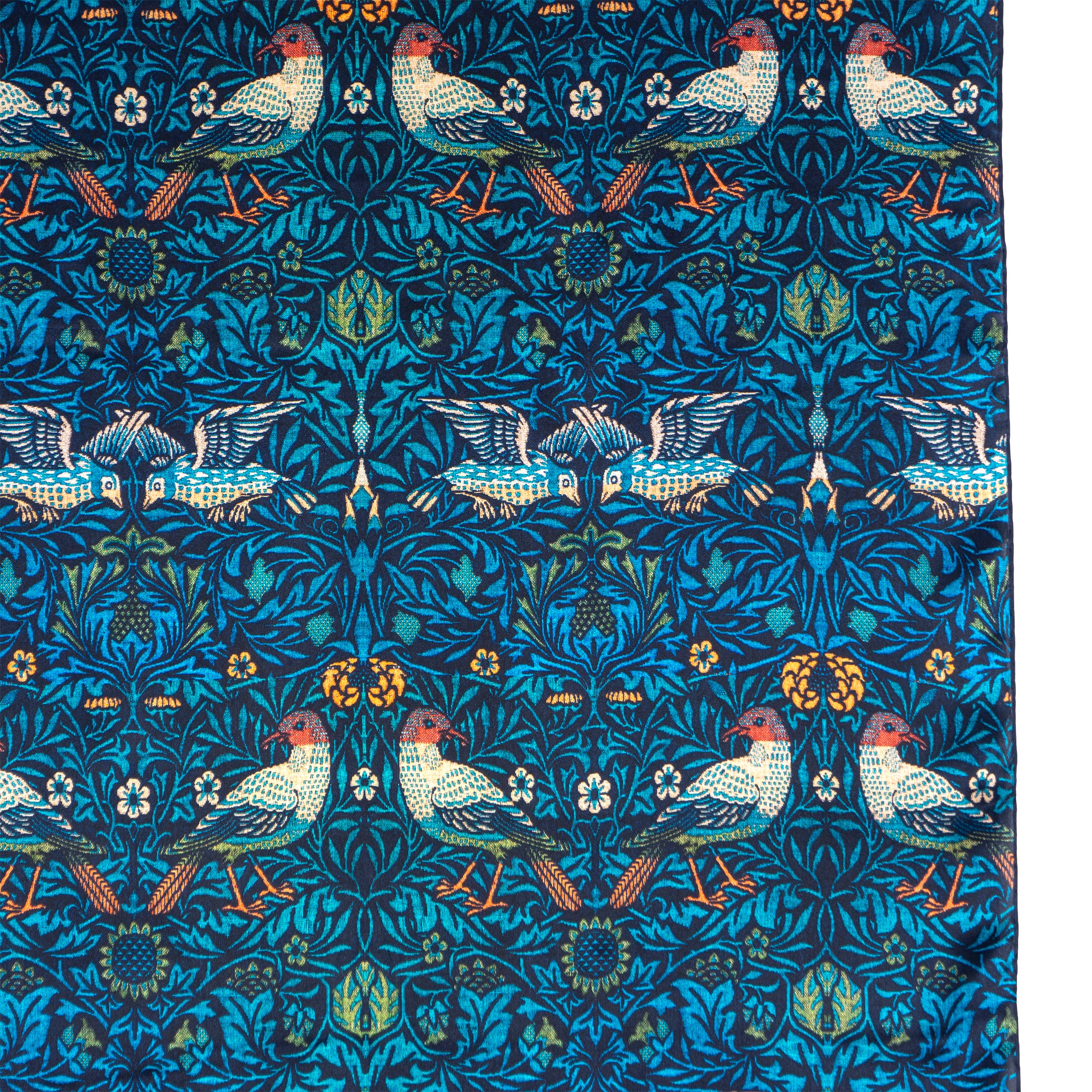 Blue silk scarf with birds and flowers