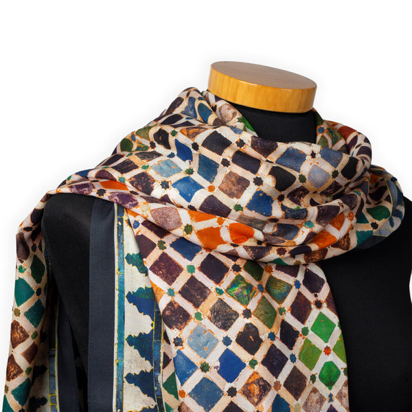 Colorful scarf with geometric print inspired by Islamic Art