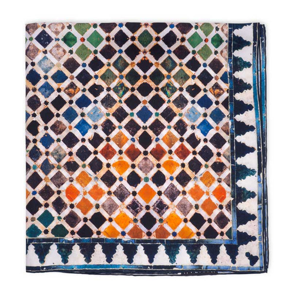 Square printed scarf inspired by the alhambra of granada mosaic tiles