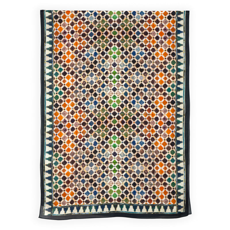 Large scarf with colorful geometric print inspired by Islamic art