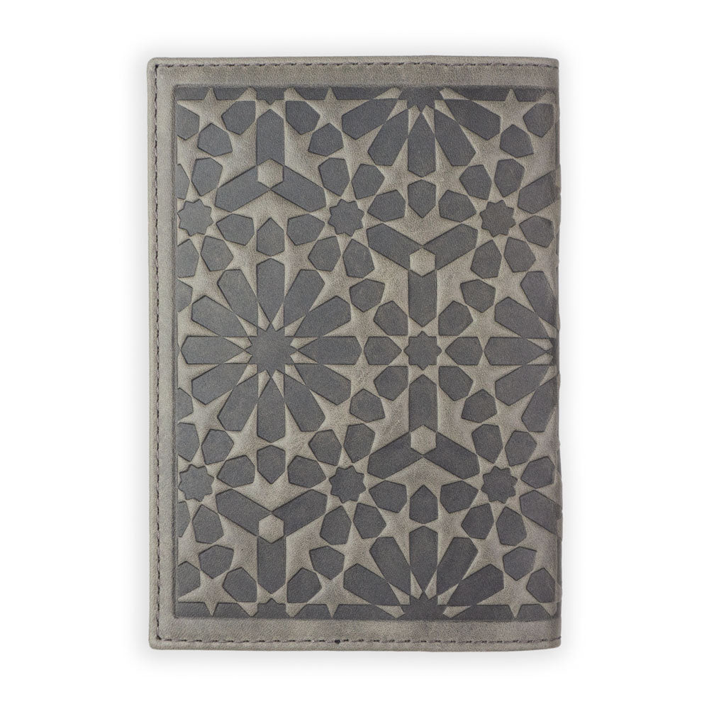 Grey leather passport holder with islamic art pattern embossed