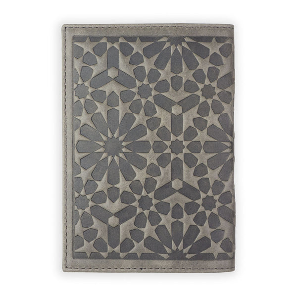 Grey leather passport holder with islamic art pattern embossed
