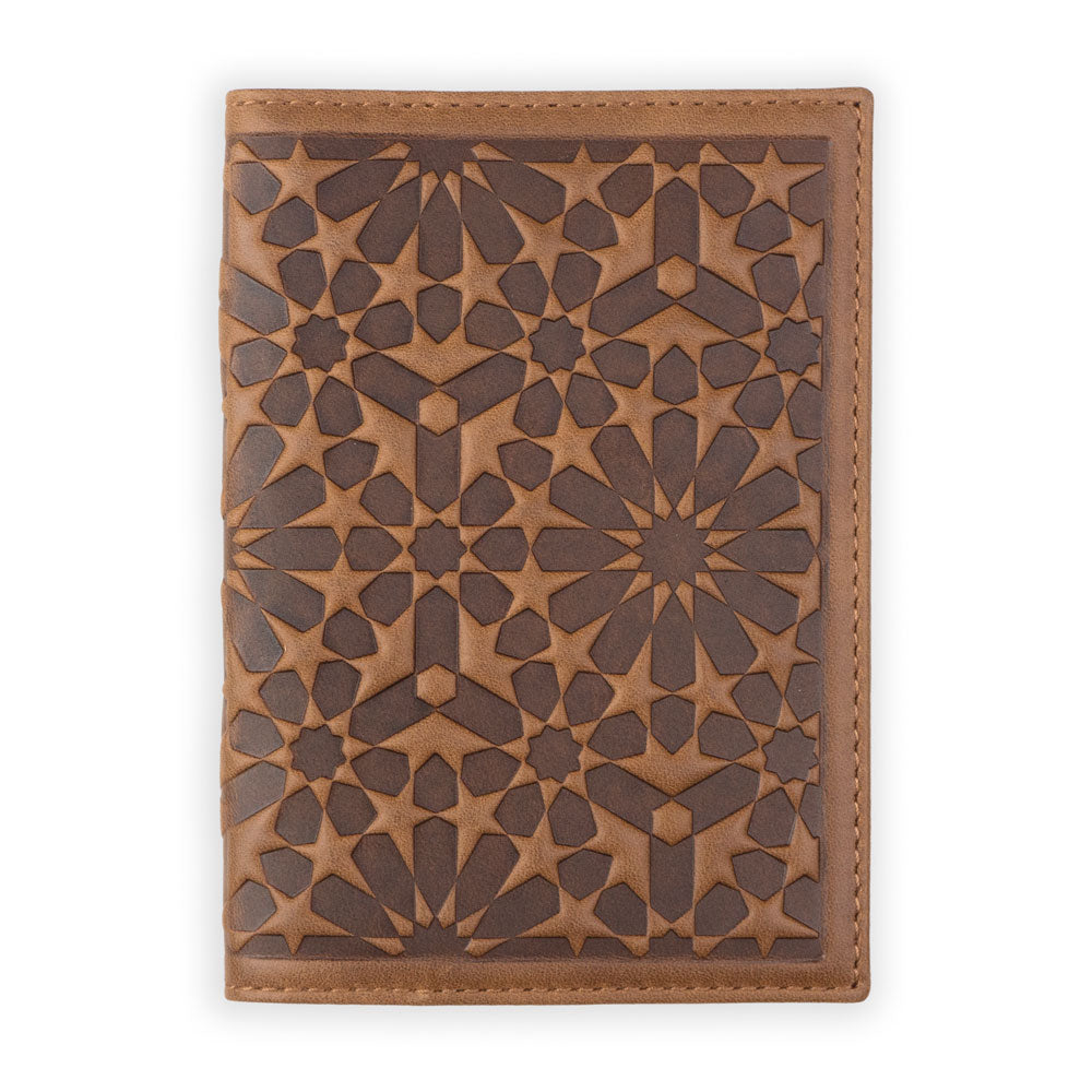 Brown leather passport cover with islamic art inspired pattern