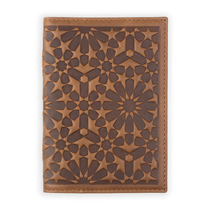 Brown leather passport cover with islamic art inspired pattern