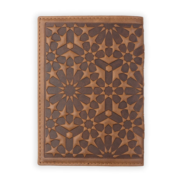 Leather passport holder in brown color with islamic art pattern