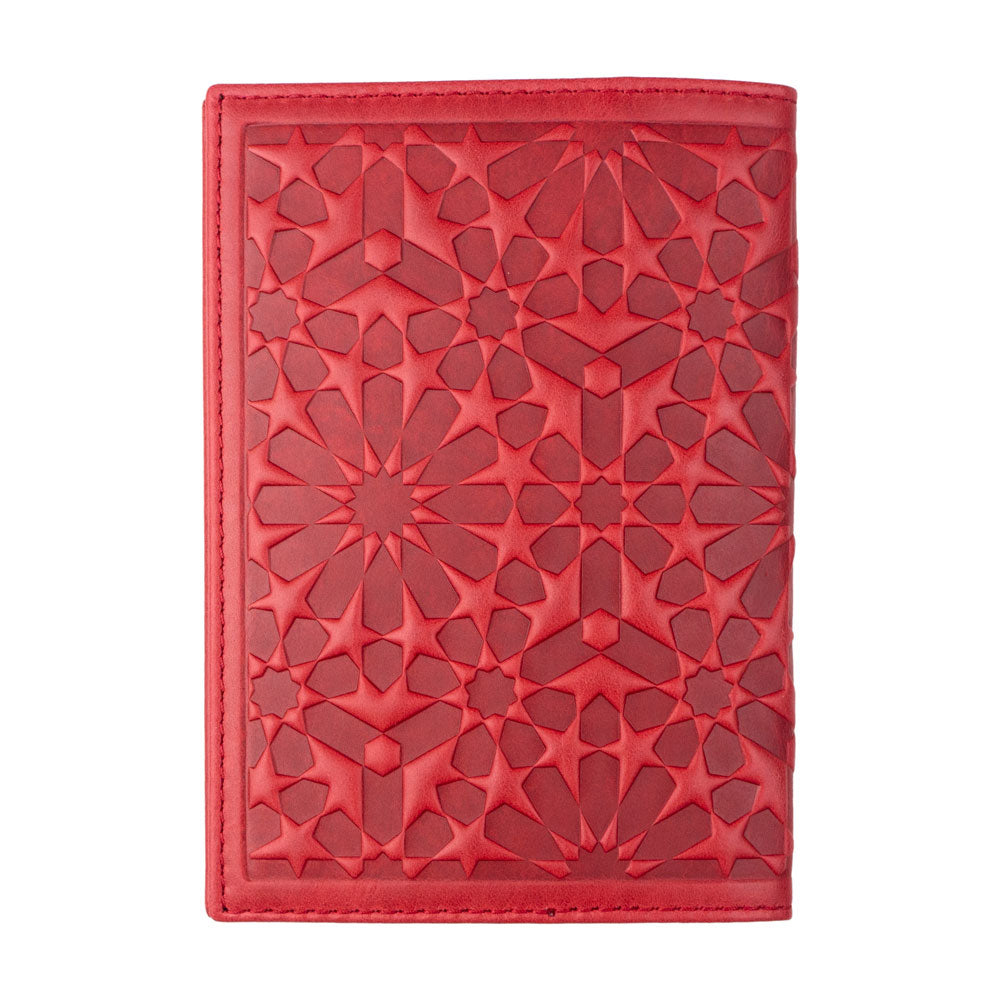 Red leather passport holder with islamic art pattern embossed