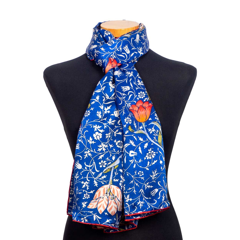 Blue silk scarf with art nouveau floral print