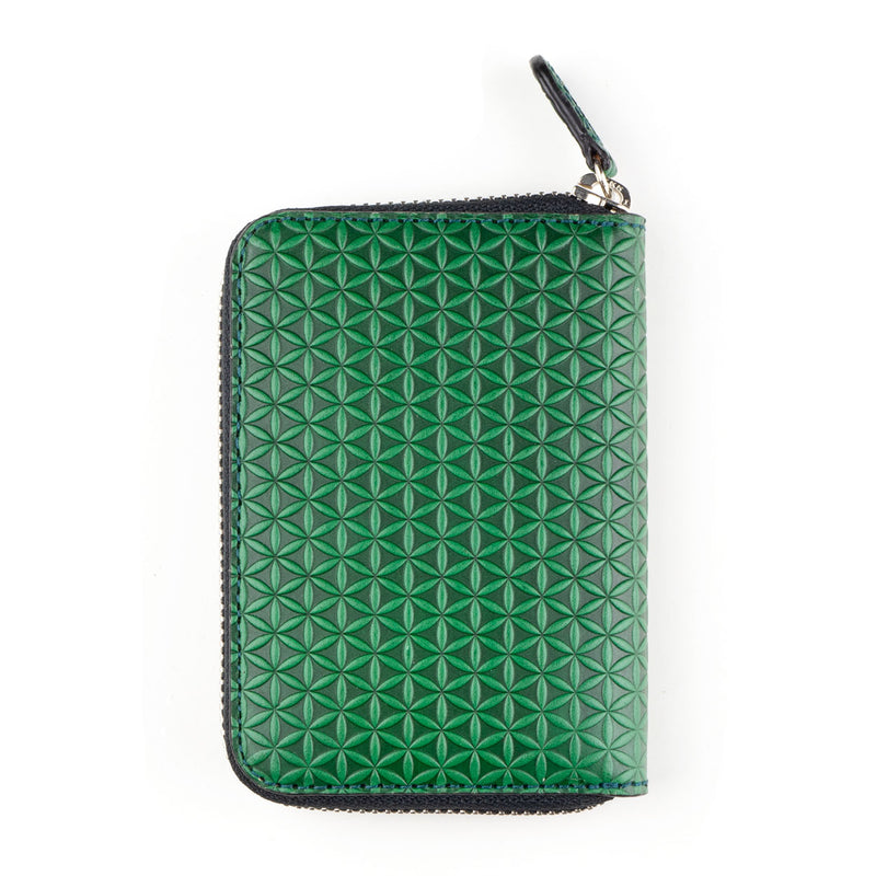Flower of life embossed green leather wallet for women's