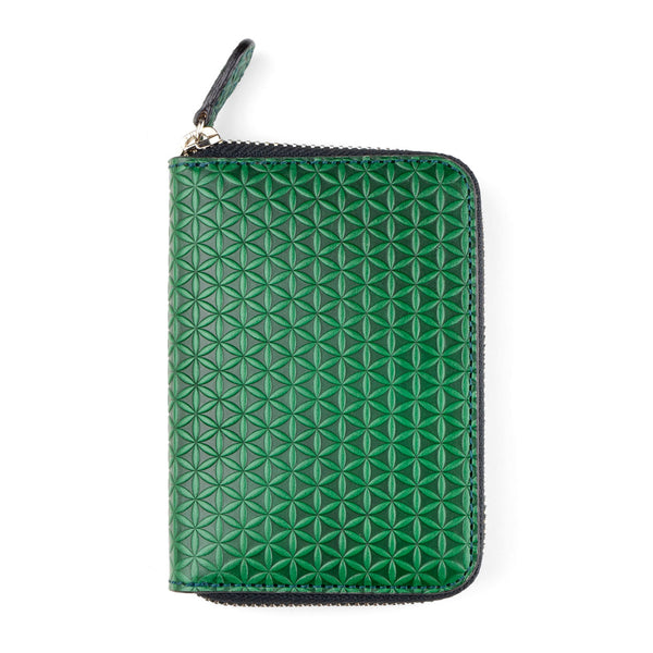 Green small leather wallet for women's engraved with the flower of life pattern
