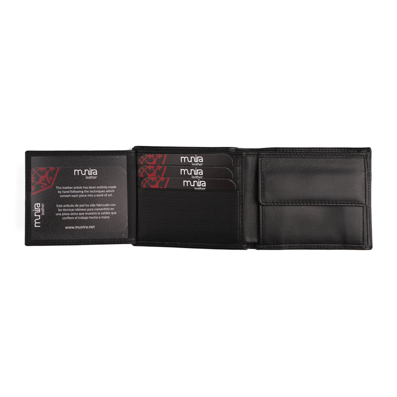 Black bifold wallet for men with pocket for coins