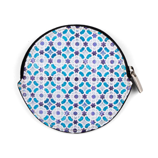 Blue and white leather coin purse inspired by Islamic art designs
