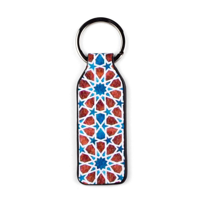 Brown and blue leather keychain inspired by Moorish tiles