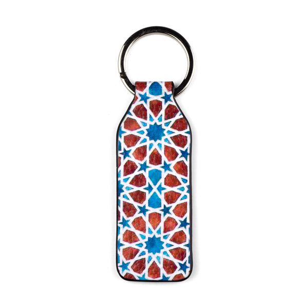 Islamic art inspired brown and blue leather key ring