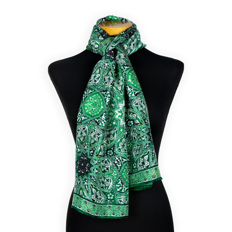 Green silk neck scarf with print inspired by Turkish tiles