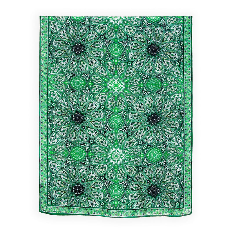 Large green silk scarf inspired by eastern motifs